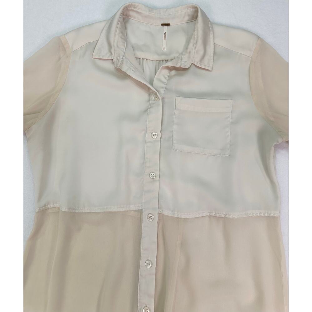 Free People Ivory Sheer Panel Button Up Tunic Top Tuxedo Back Size Small - Picture 6 of 13